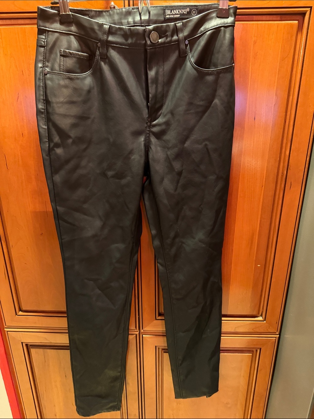 Blank NYC woman's Black Skinny Faux-Leather vegan Jeans